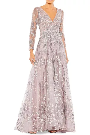 Mac Duggal Semi-Sheer Floral-Embroidered Gown