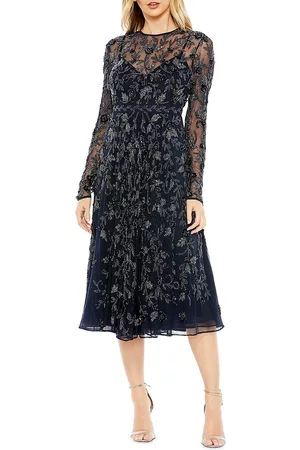 Mac Duggal Long-Sleeve Embellished Floral Midi-Dress