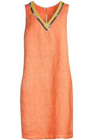 120% Lino Embellished Linen Shift Dress