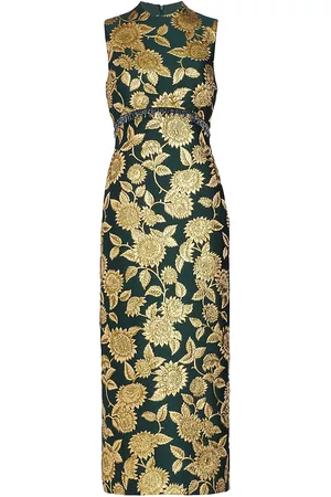 LELA ROSE Metallic Floral Jacquard & Beaded Fringe Gown