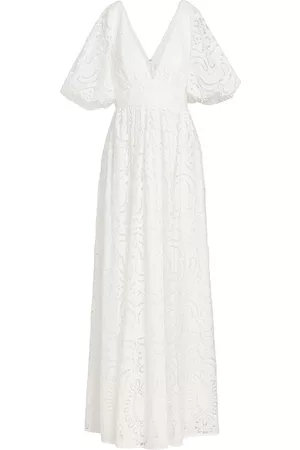 Badgley Mischka Lace Plunge V-Neck Puff-Sleeve Gown
