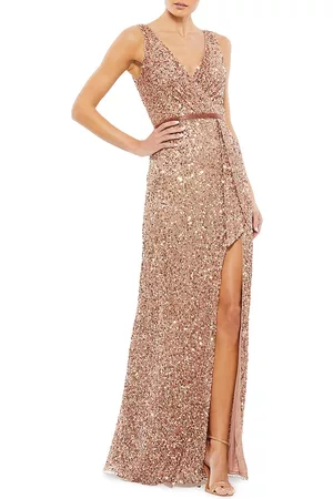 Mac Duggal Women Evening Dresses - Women's Sequin Wrap Draped Gown - Copper - Size 20 - Copper - Size 20