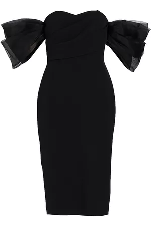 Badgley Mischka Organza Puff-Sleeve Cocktail Midi-Dress