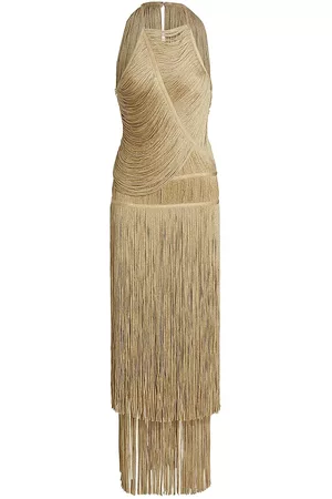 Hervé Léger Women Sleeveless Dresses - Metallic Draped Fringe Sleeveless Gown