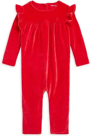 Ralph Lauren Polo T-Shirts - Baby Girl's Ruffle Trim Velour Coveralls - Red - Size 24 Months - Red - Size 24 Months