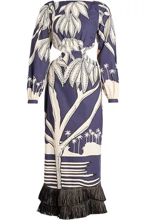 JOHANNA ORTIZ Women's Tropical Fringe-Hem Midi-Dress - Orinoco Navy Ecru - Size 4