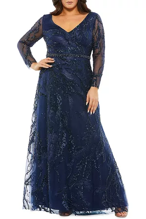 Mac Duggal Women's Plus Size Beaded Feather A-Line Gown - Midnight - Size 14