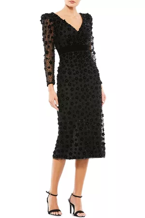 Mac Duggal Embellished V-Neck Long-Sleeve Midi-Dress