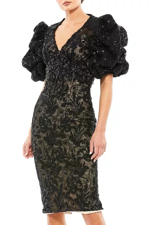 Mac Duggal Puff-Sleeve Embellished Midi Dress