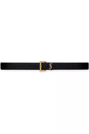 Saint Laurent Cassandre Belt With Square Buckle In Crocodile-embossed Leather - Black - Size 32