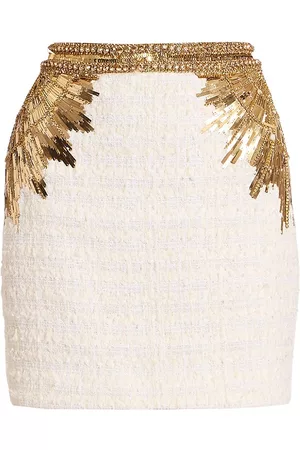Balmain Women's Sequin-Embroidered Tweed Miniskirt - White Gold - Size 4