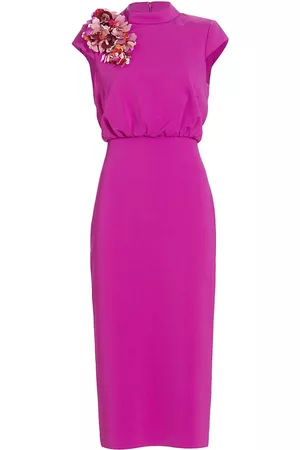Badgley Mischka Women Midi Dresses - Women's Mock Turtleneck Applique Midi-Dress - Fuchsia - Size 14