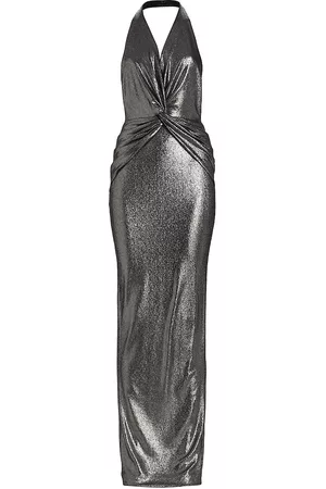 MICHAEL COSTELLO COLLECTION Women's Stella Metallic Knit Twisted Halter Gown - Silver - Size 4