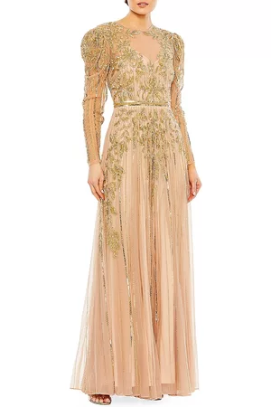 Mac Duggal Women Puff Sleeve Dress - Women's Beaded Illusion Puff-Sleeve Gown - Gold - Size 12