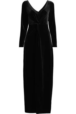 Donna Karan Women's Stretch Velvet V-Neck Long-Sleeve Maxi Dress - Black - Size 14