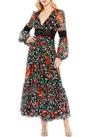 Mac Duggal Women's V-Neck Floral Puff-Sleeve Ruffle Dress - Black Multi - Size 10