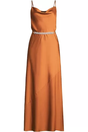 Donna Karan Women's Satin Crystal Belted Maxi Slip Dress - Cognac - Size 0