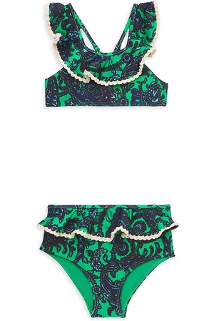 ZIMMERMANN Little Girl's & Girl's 2-Piece Tiggy Scoopneck Ruffled Bikini - Navy Green Paisley - Size 4