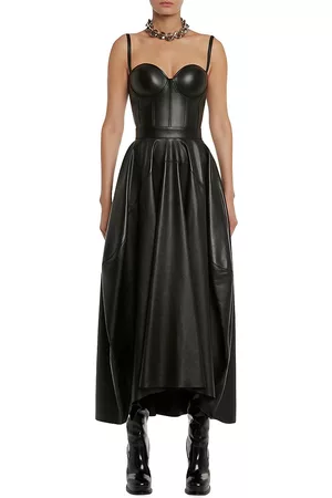 Alexander McQueen Women's Gathered Leather Midi-Skirt - Black - Size 8