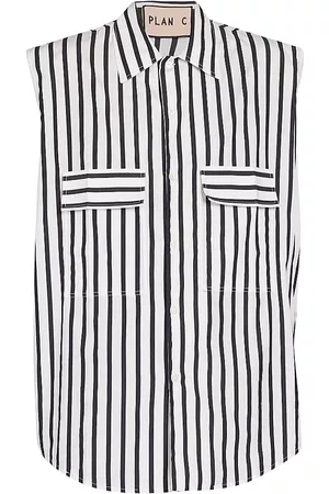 Plan C Women's Striped Sleeveless Tunic Shirt - White Base Black Stripe - Size 10