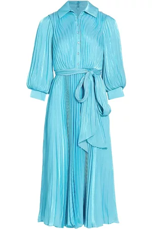 Badgley Mischka Women's Pleated Belted Midi-Dress - Turquoise - Size 16