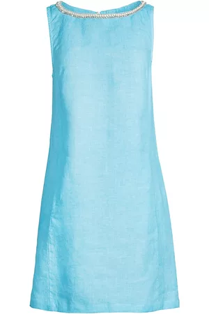 120% Lino Women's Resort Linen Crystal-Embellished Shift Dress - Blue - Size Small