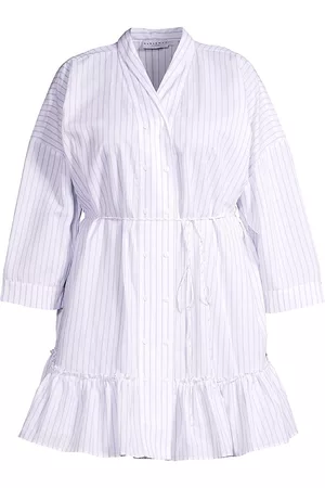 HARSHMAN Women's Nebbi Cotton-Linen Caftan Dress - White Lavender Stripe - Size 14