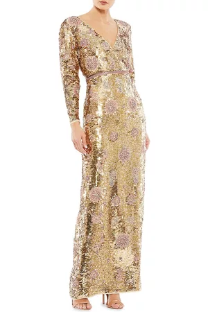 Mac Duggal Women's Embellished Wrap-Over Long-Sleeve Column Gown - Gold - Size 18