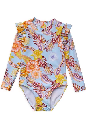 Snapper Rock Baby's & Little Girl's Boho Tropical Print Frill Surf Suit - Blue - Size Newborn