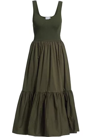 TANYA TAYLOR Women's Josephina Mixed Media Tiered Midi-Dress - Olive - Size XXS