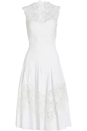 Oscar de la Renta Women's Guipure Lace Inset Pleated Midi-Dress - White - Size 10