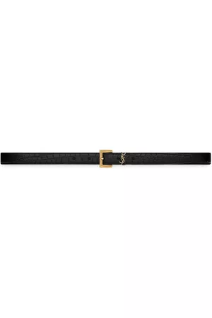Saint Laurent Men Belts - Men's Cassandre Thin Belt with Square Buckle in Crocodile-Embossed Leather - Nero - Size 34