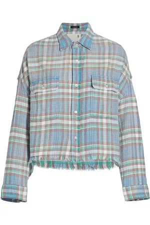 R13 Women's Cropped Work Shirt - Blue Green Plaid - Size Large
