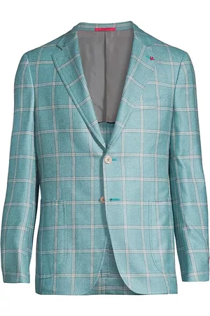 ISAIA Men Sports Jackets - Men's Plaid Silk & Cashmere Sports Jacket - Turquoise - Size 42