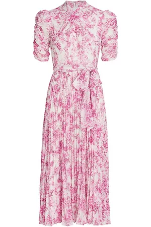 Ml Monique Lhuillier Women Printed & Patterned Dresses - Women's Pleated Belted Floral Midi-Dress - Hot Fuchsia Porcelain - Size 4 - Hot Fuchsia Porcelain - Size 4