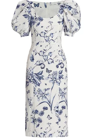Oscar de la Renta Women's Puff-Sleeve Cotton Midi-Dress - Blue - Size 8