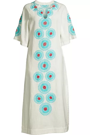 FRANCES VALENTINE Women Beach Dresses - Women's Charming Embroidered Cotton Caftan - Oyster Blue - Size Small - Oyster Blue - Size Small