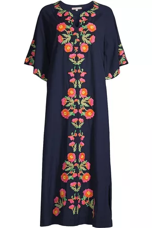 FRANCES VALENTINE Women's Charming Poppy Cotton Broadcloth Maxi Caftan - Navy - Size 12