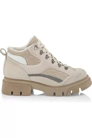 Brunello Cucinelli Women Outdoor Shoes - Women's Monili Suede & Mesh Hiking Boots - Light Beige - Size 9