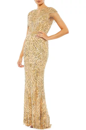 Mac Duggal Women Evening Dresses - Women's Embellished Fringe Cap-Sleeve Trumpet Gown - Light Gold - Size 4 - Light Gold - Size 4