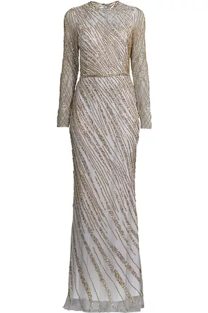 Mac Duggal Women's Sequin Long-Sleeve Gown - Platinum - Size 18