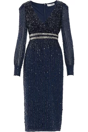 Mac Duggal Women's Sequin V-Neck Bishop-Sleeve Dress - Midnight - Size 22