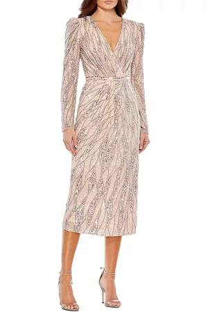 Mac Duggal Women Midi Dresses - Women's Embellished Faux Wrap Midi-Dress - Rose Gold - Size 6 - Rose Gold - Size 6