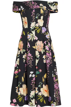 Teri Jon by Rickie Freeman Women's Pleated Floral Stretch Cotton Dress - Black Multi - Size 6