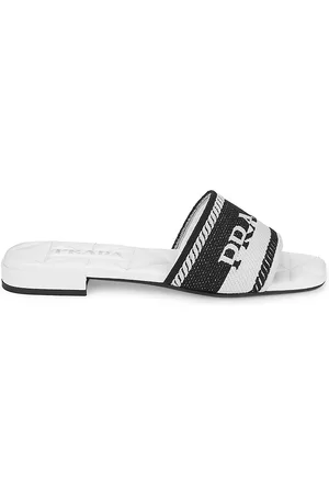 Prada Women's Logo Embroidered Slide Sandals - Nero Talco - Size 5