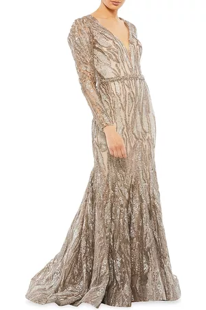 Mac Duggal Women's Embellished Long-Sleeve Plunge-Neck Trumpet Gown - Taupe - Size 16
