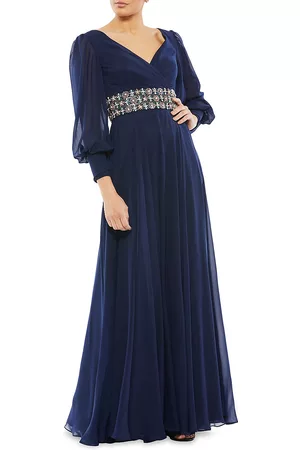 Mac Duggal Women's Bishop-Sleeve Wrap Belted Flowy Gown - Midnight - Size 20