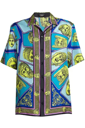 VERSACE Men Short sleeved Shirts - Men's Head Print Silk Short-Sleeve Shirt - Acid Green Teal - Size 38