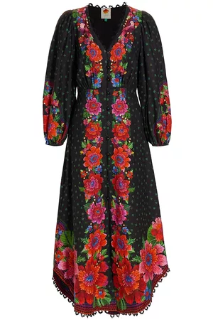 Farm Rio Women's Blooming Garden Floral Long-Sleeve Maxi Dress - Blooming Garden Black - Size Small