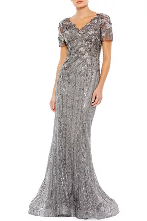 Mac Duggal Women Evening dresses - Women's Embellished V-Neck Cap-Sleeve Trumpet Gown - Dark Grey - Size 14